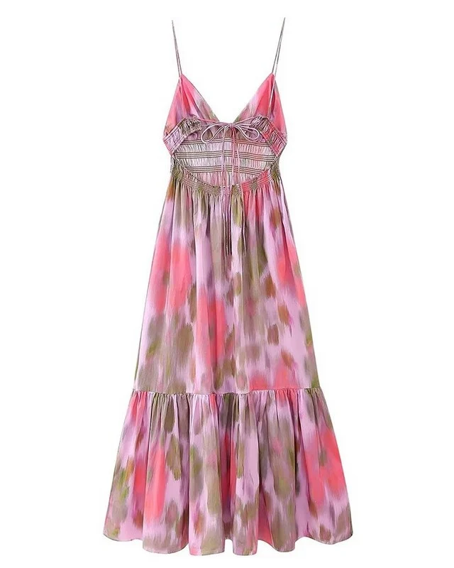 Robe Longue à Bretelles Rose
