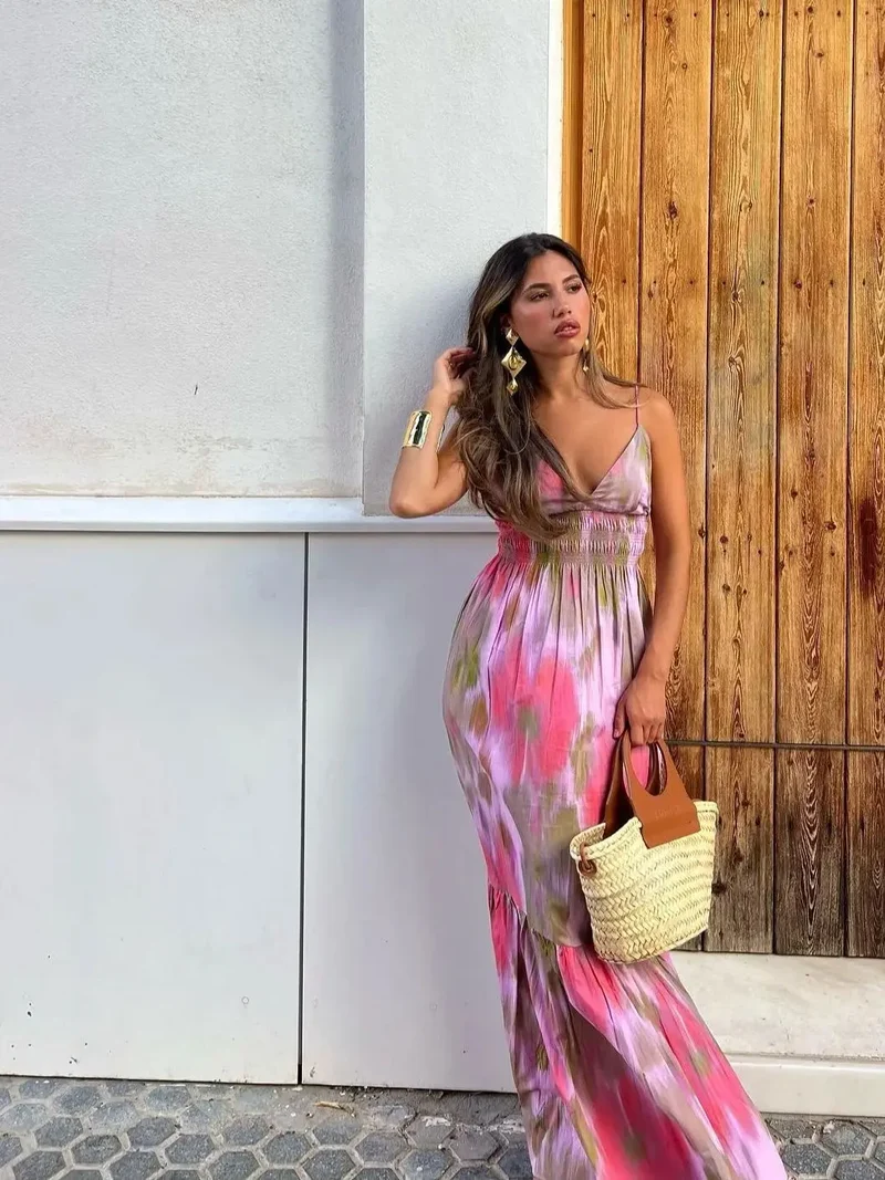 Robe Longue à Bretelles Rose