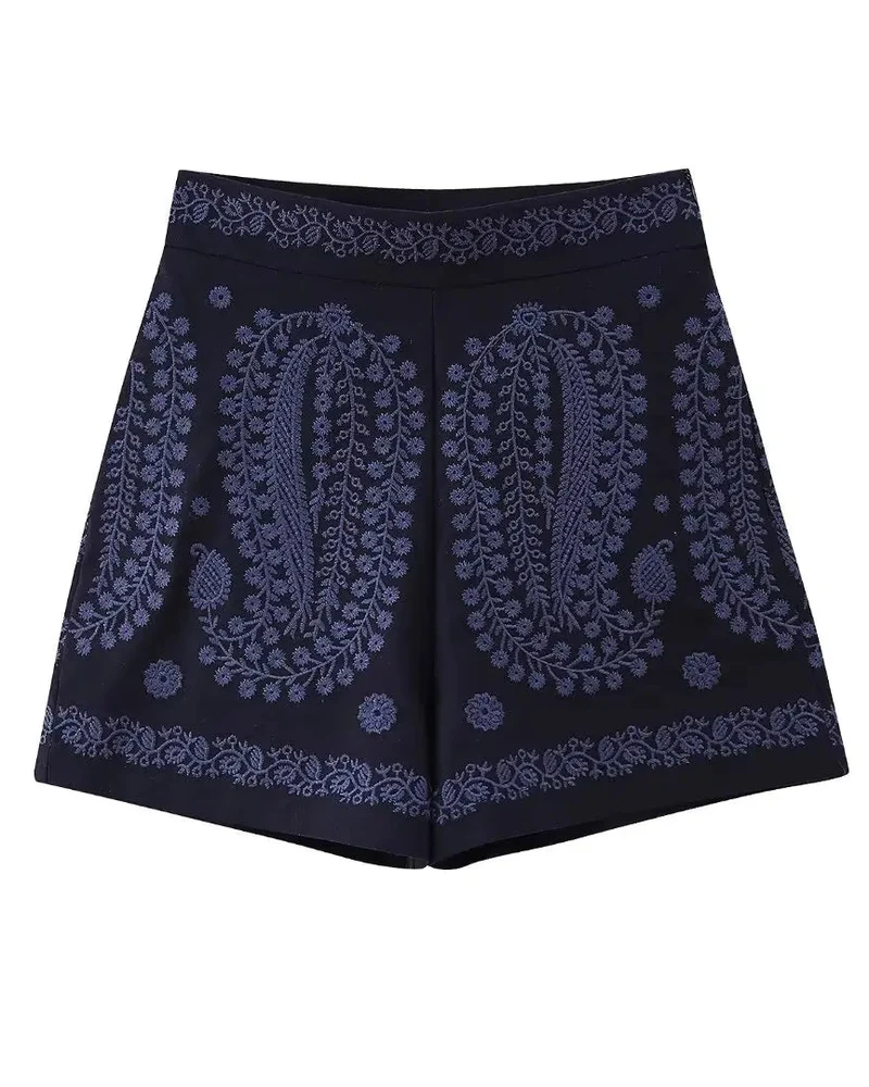 Short Court Taille Haute Brodé Bleu