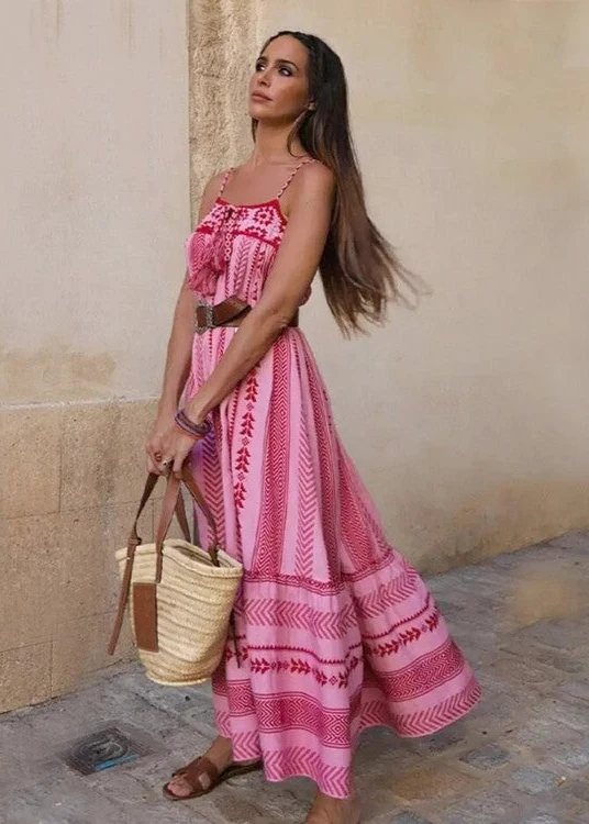 Robe Rose Longue Brodée champêtre