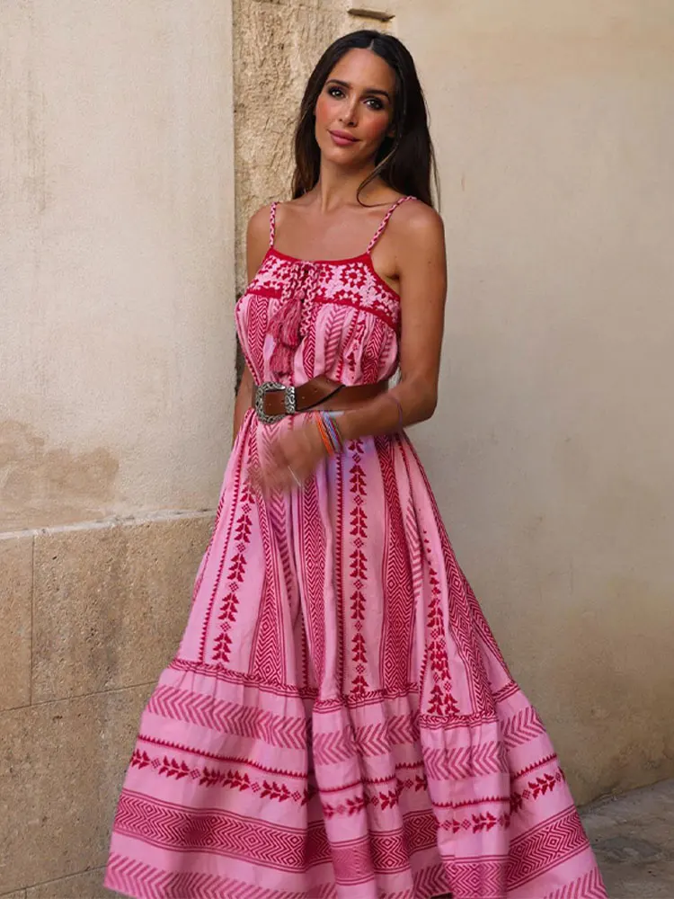 Robe Rose Longue Brodée champêtre