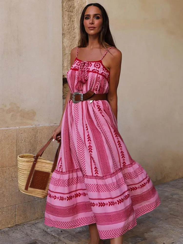 Robe Rose Longue Brodée champêtre