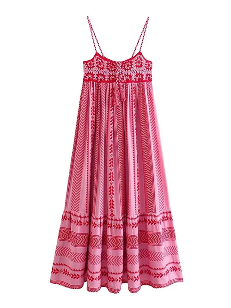Robe Rose Longue Brodée champêtre