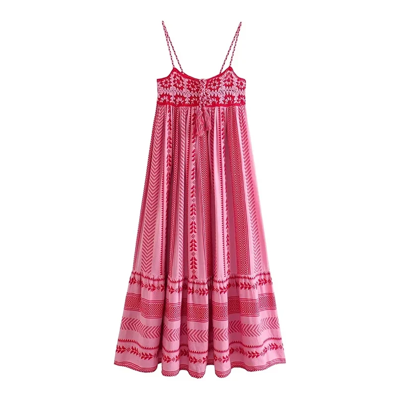 Robe Rose Longue Brodée champêtre