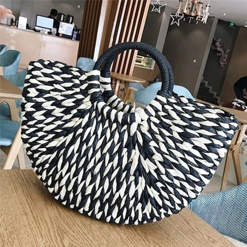 Sac Panier Osier Rond Noir et Blanc