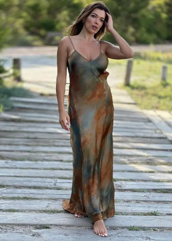 Robe Satin Longue Imprimée Dos Nu