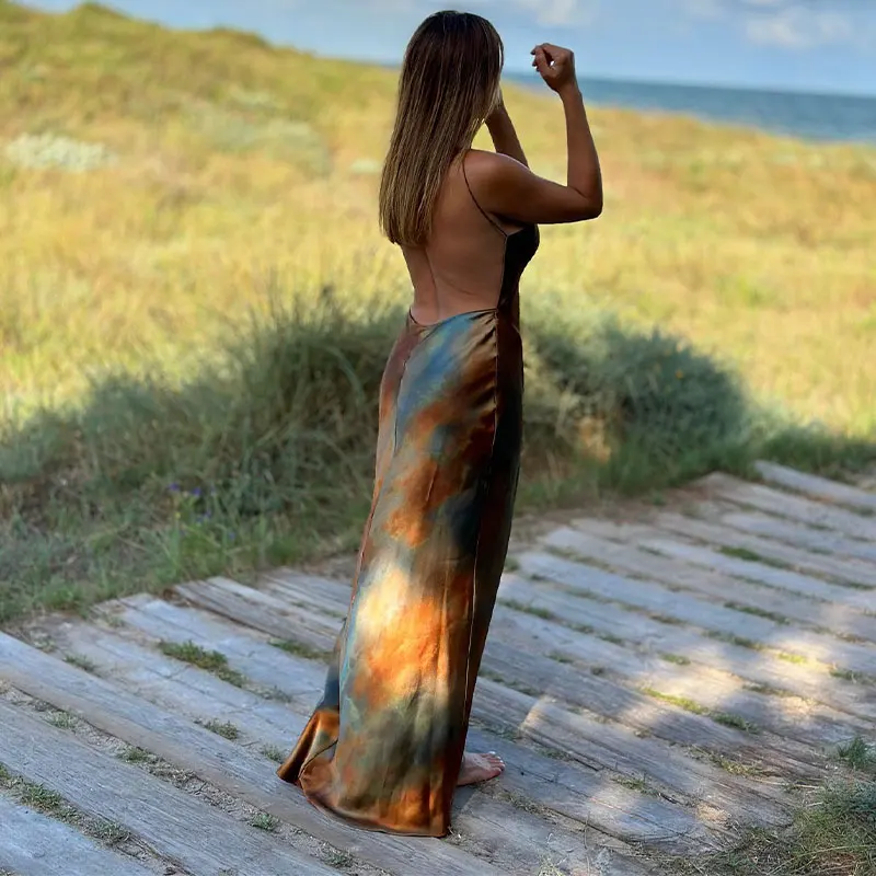 Robe Satin Longue Imprimée Dos Nu