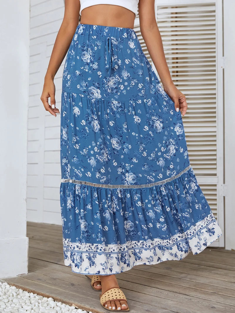Jupe Longue Bohème Bleue Fleurs
