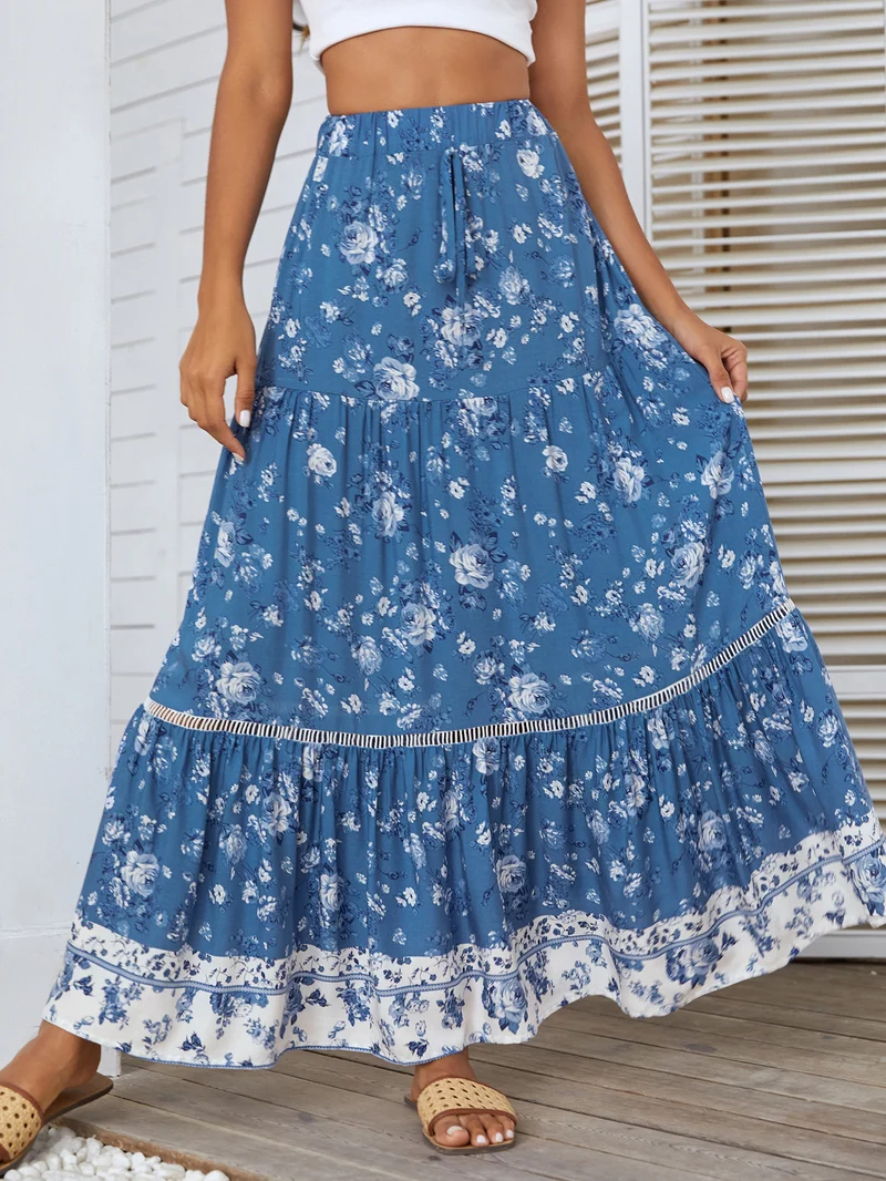 Jupe Longue Bohème Bleue Fleurs
