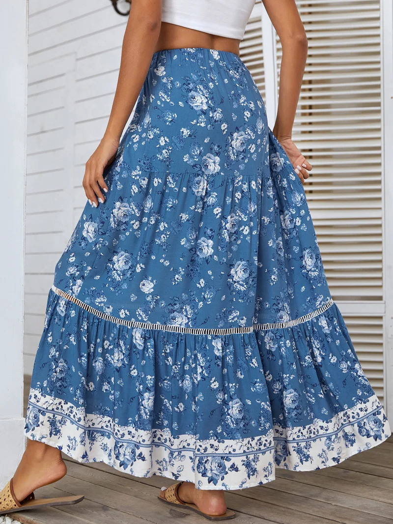 Jupe Longue Bohème Bleue Fleurs