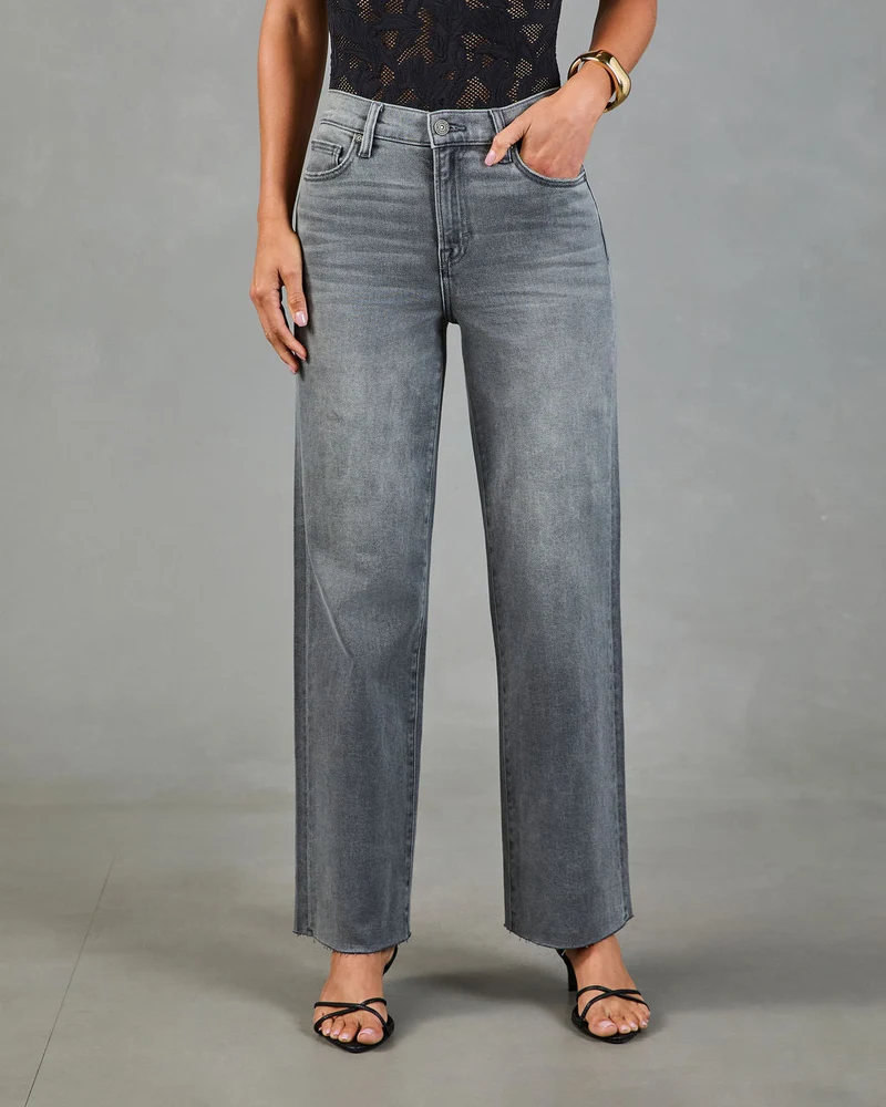 Jean Femme Super Stretch Taille Haute Coupe Droite à Ourlet Effiloché