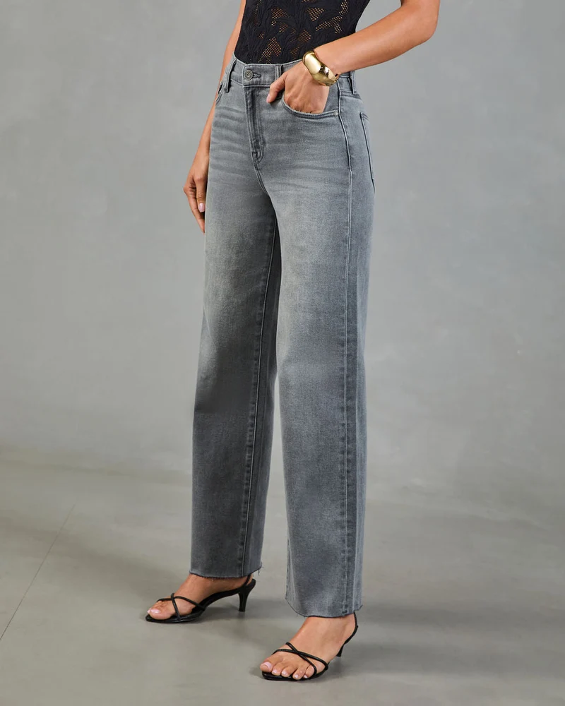 Jean Femme Super Stretch Taille Haute Coupe Droite à Ourlet Effiloché