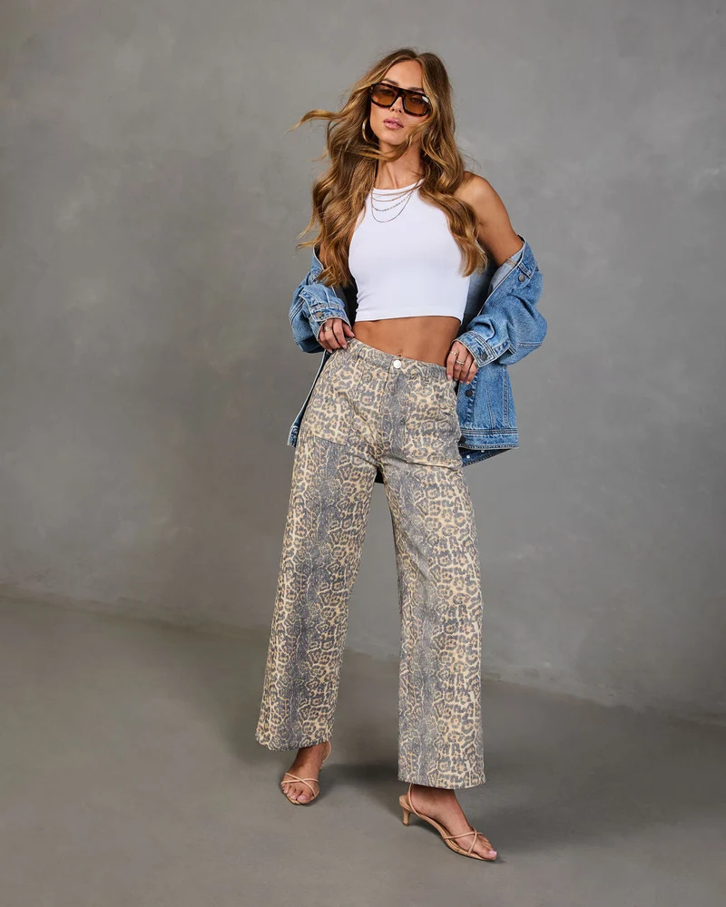 Pantalon Femme en Sergé de Coton Imprimé Léopard Coupe Décontractée