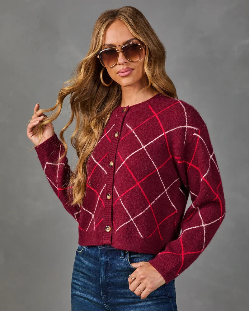 Cardigan Femme en Maille Brossée à Motif Argyle Boutonné