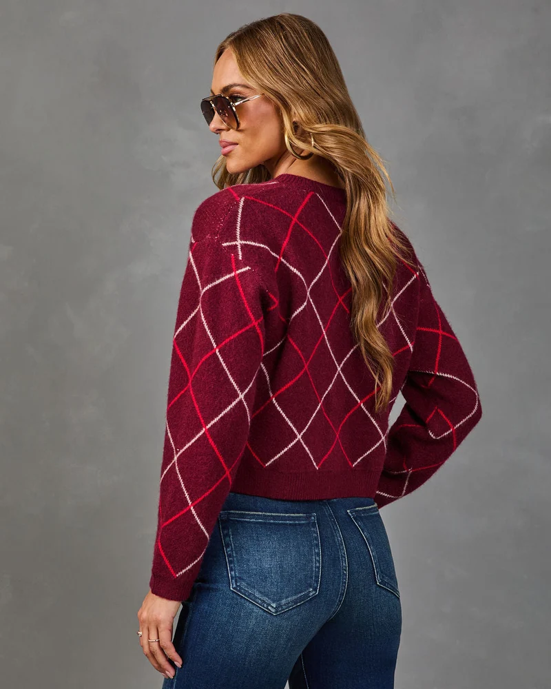 Cardigan Femme en Maille Brossée à Motif Argyle Boutonné