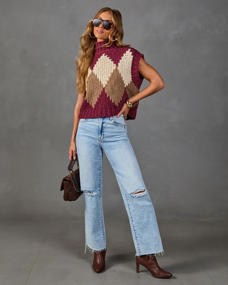 Pull Sans Manches Femme en Maille Argyle à Col Montant