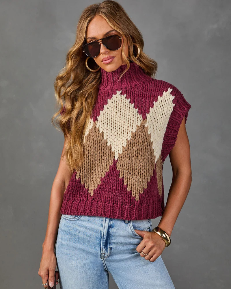 Pull Sans Manches Femme en Maille Argyle à Col Montant