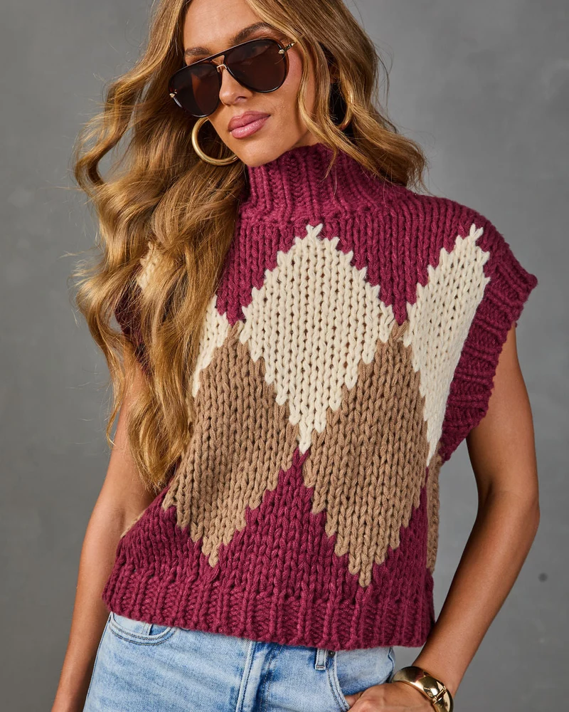 Pull Sans Manches Femme en Maille Argyle à Col Montant
