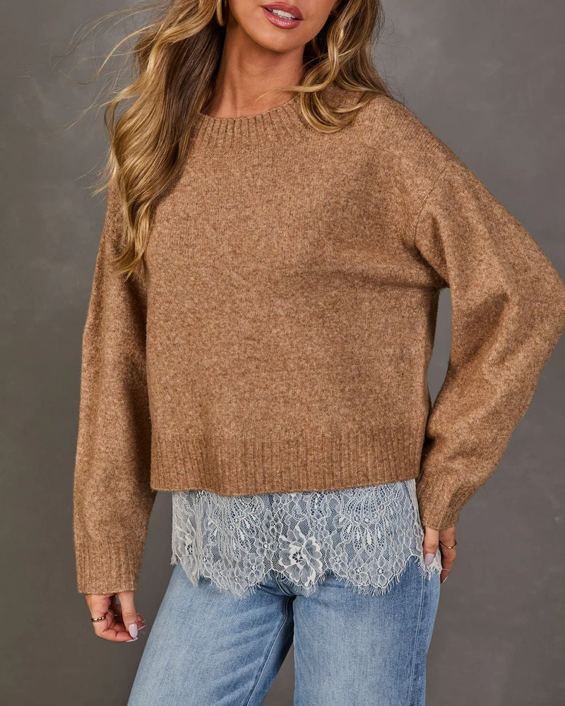 Pull Femme en Maille avec Bordure en Dentelle