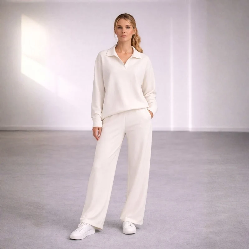 Ensemble Détente Femme 2 Pièces avec Col Polo et Pantalon Large