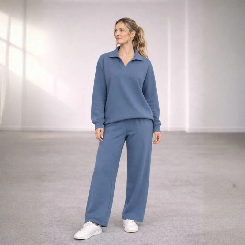 Ensemble Détente Femme 2 Pièces avec Col Polo et Pantalon Large