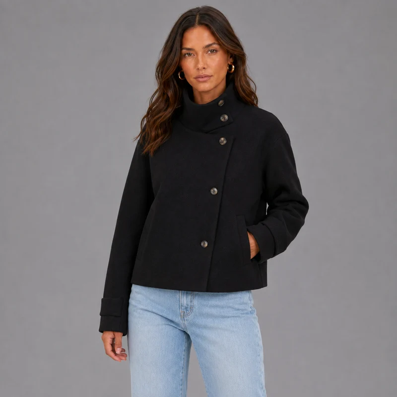 Veste Courte Femme en Laine Mélangée avec Col Montant et Fermeture Boutonnée Asymétrique