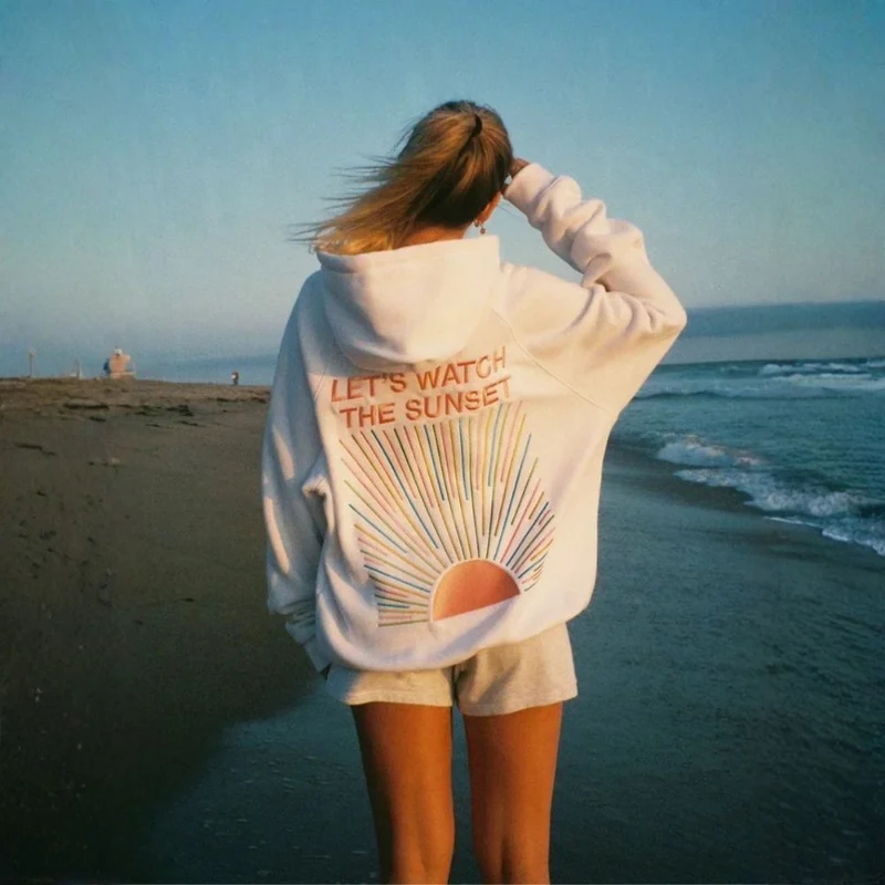 Sweat à Capuche Oversize Femme avec Intérieur Doux et Motif Sunset