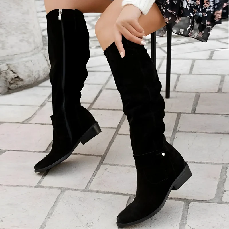 Bottes Hautes Femme en Daim avec Fermeture Éclair et Talon Bloc Bas