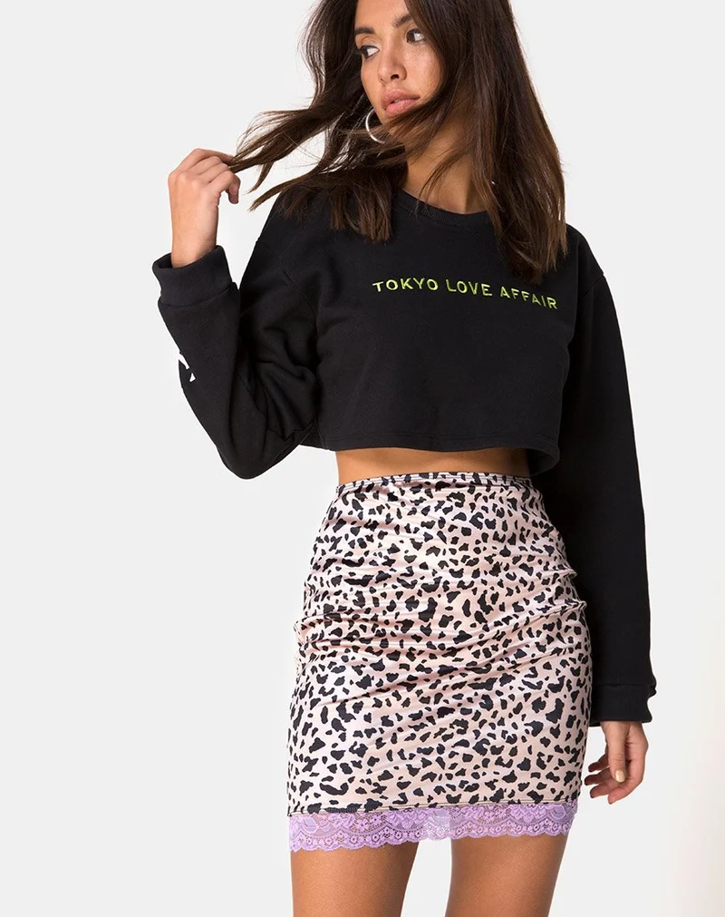 Jupe Cherry en satin animal et dentelle lilas