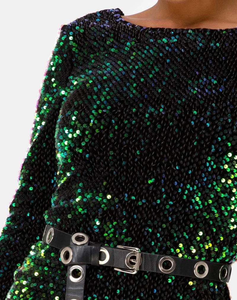 MOTEL DELUXE - Gabby - Robe à paillettes à dos plongeant - Vert irisé