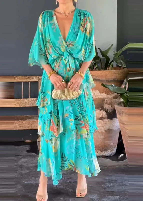 Robe à fleurs casual chic bleu turqoise