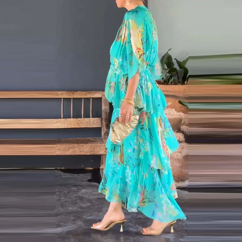 Robe à fleurs casual chic bleu turqoise