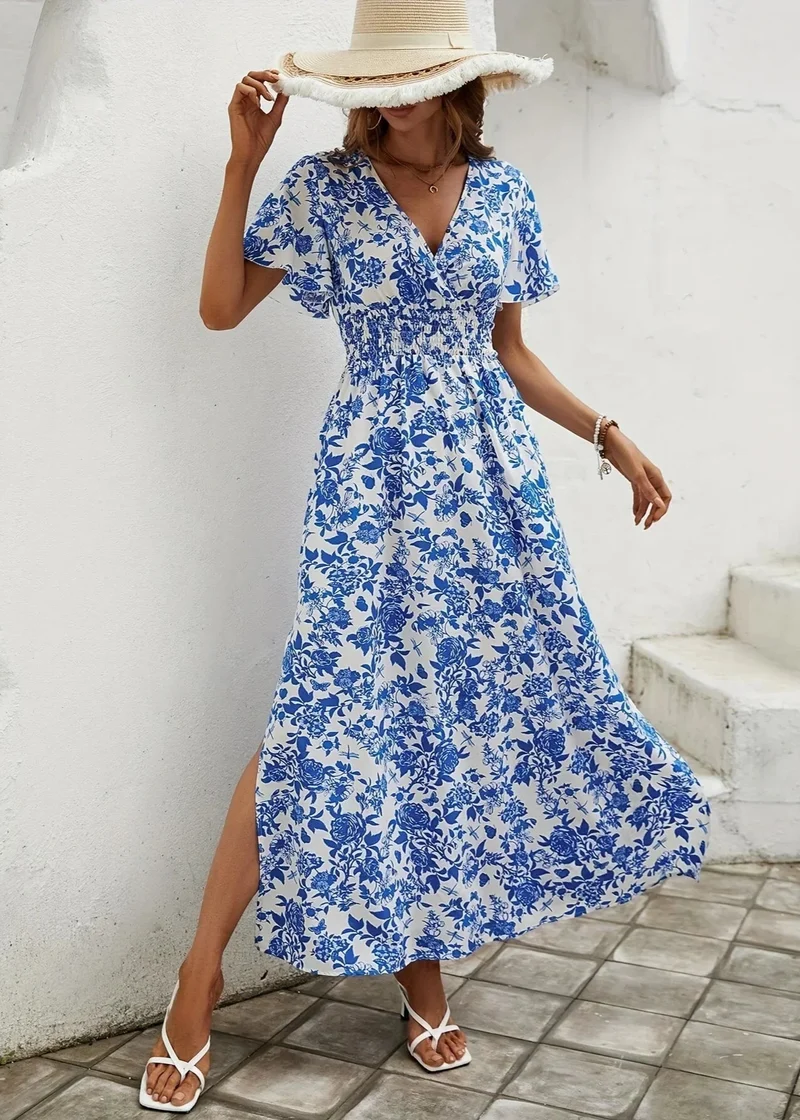 Robe à fleurs casual chic bleu marine