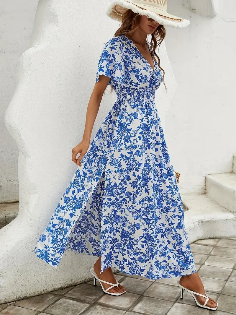 Robe à fleurs casual chic bleu marine