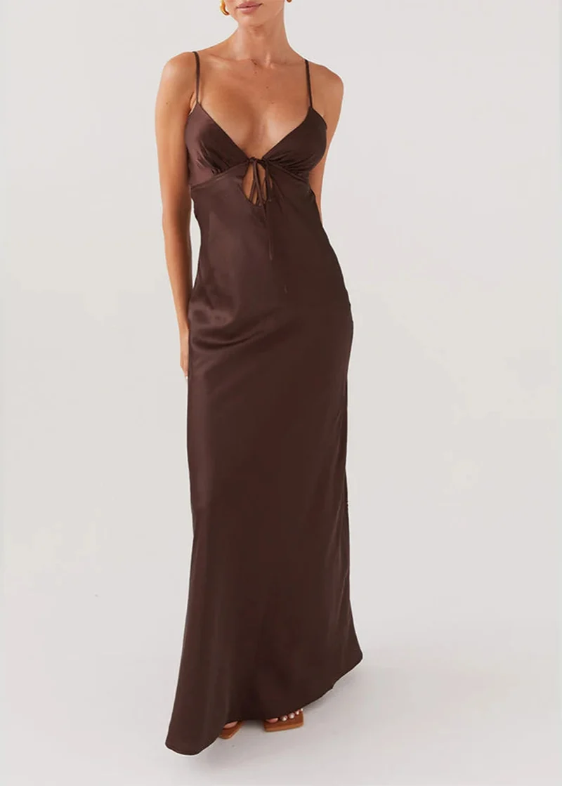 Robe satin légère femme marron
