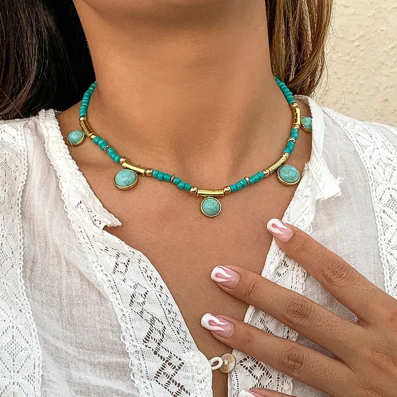 Collier bohème turquoise en perle