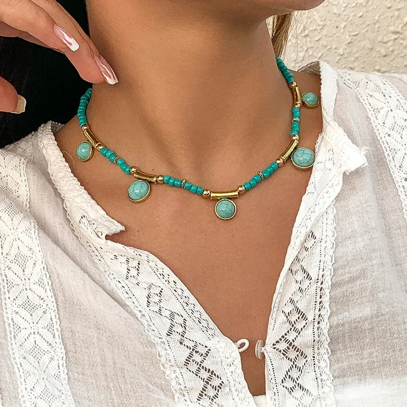 Collier bohème turquoise en perle