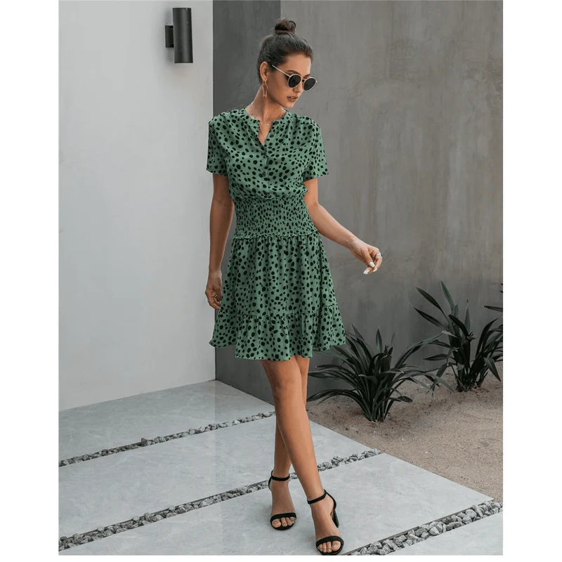 Robe verte estivale bohème à pois