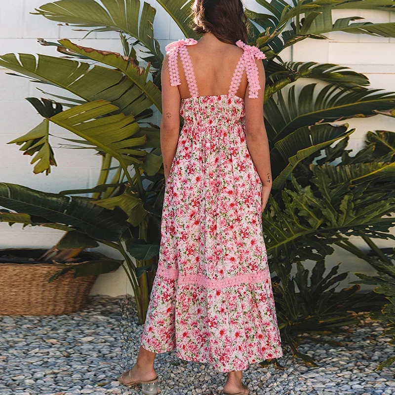Robe Boho Longue Volants Rose