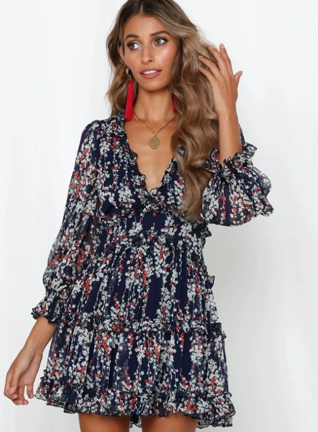 Robe courte florale bleu marine