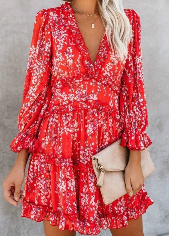 Robe mi-longue florale rouge champêtre
