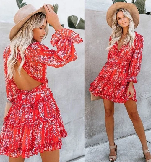 Robe mi-longue florale rouge champêtre