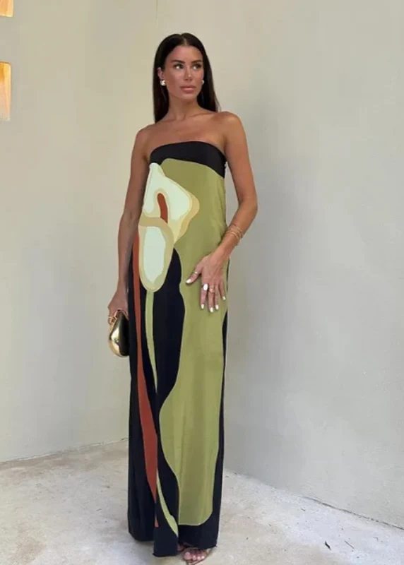 Robe longue verte imprimée bustier
