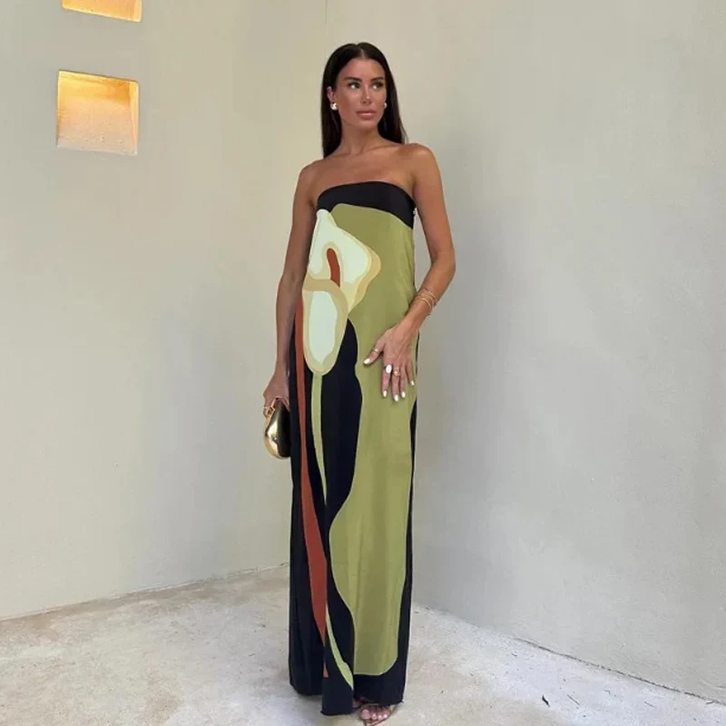 Robe longue verte imprimée bustier