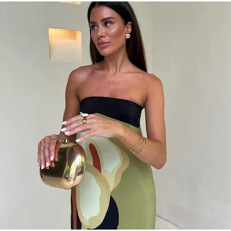 Robe longue verte imprimée bustier