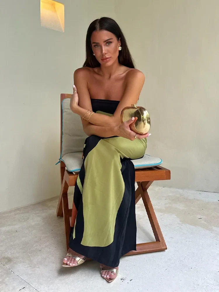 Robe longue verte imprimée bustier