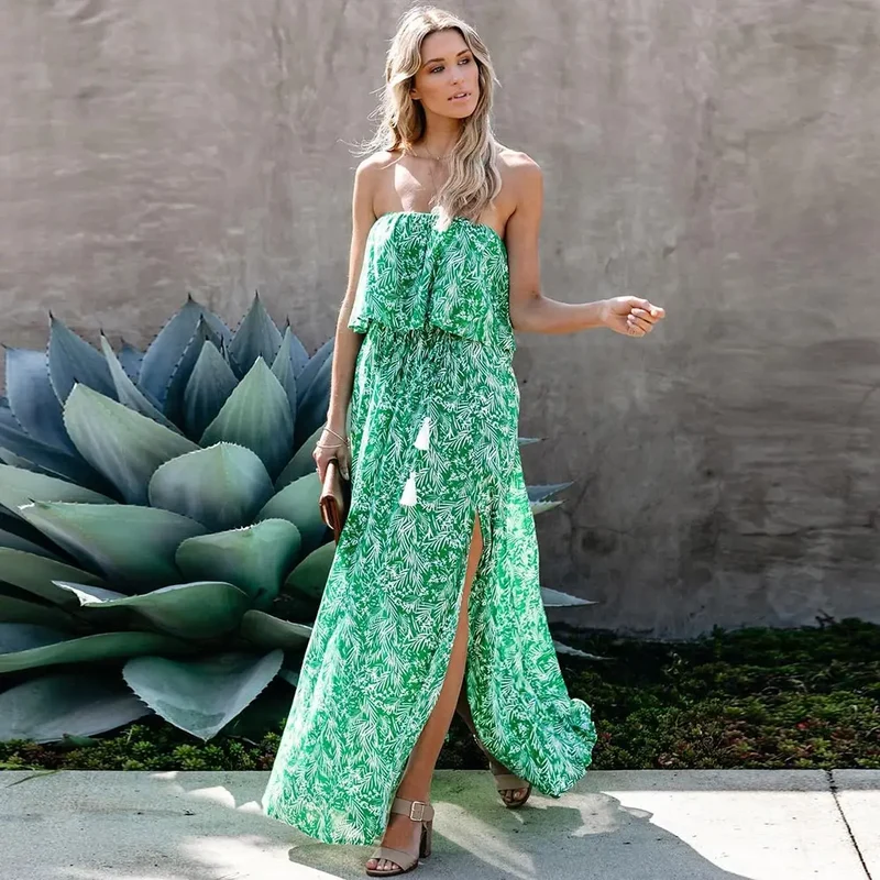 Robe longue verte bustier sans manches à fleurs