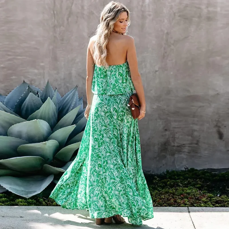 Robe longue verte bustier sans manches à fleurs