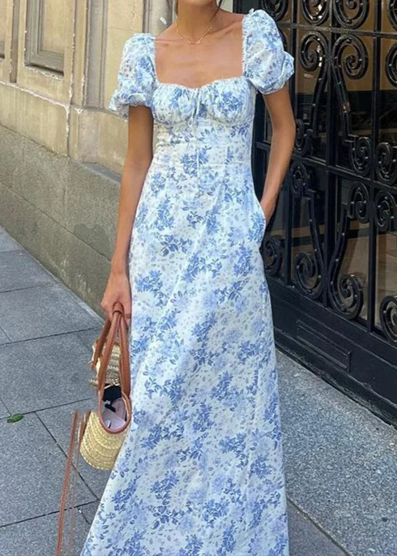 Robe bohème longue bleue à fleurs