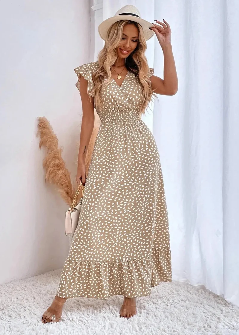 Robe longue à pois bohème marron